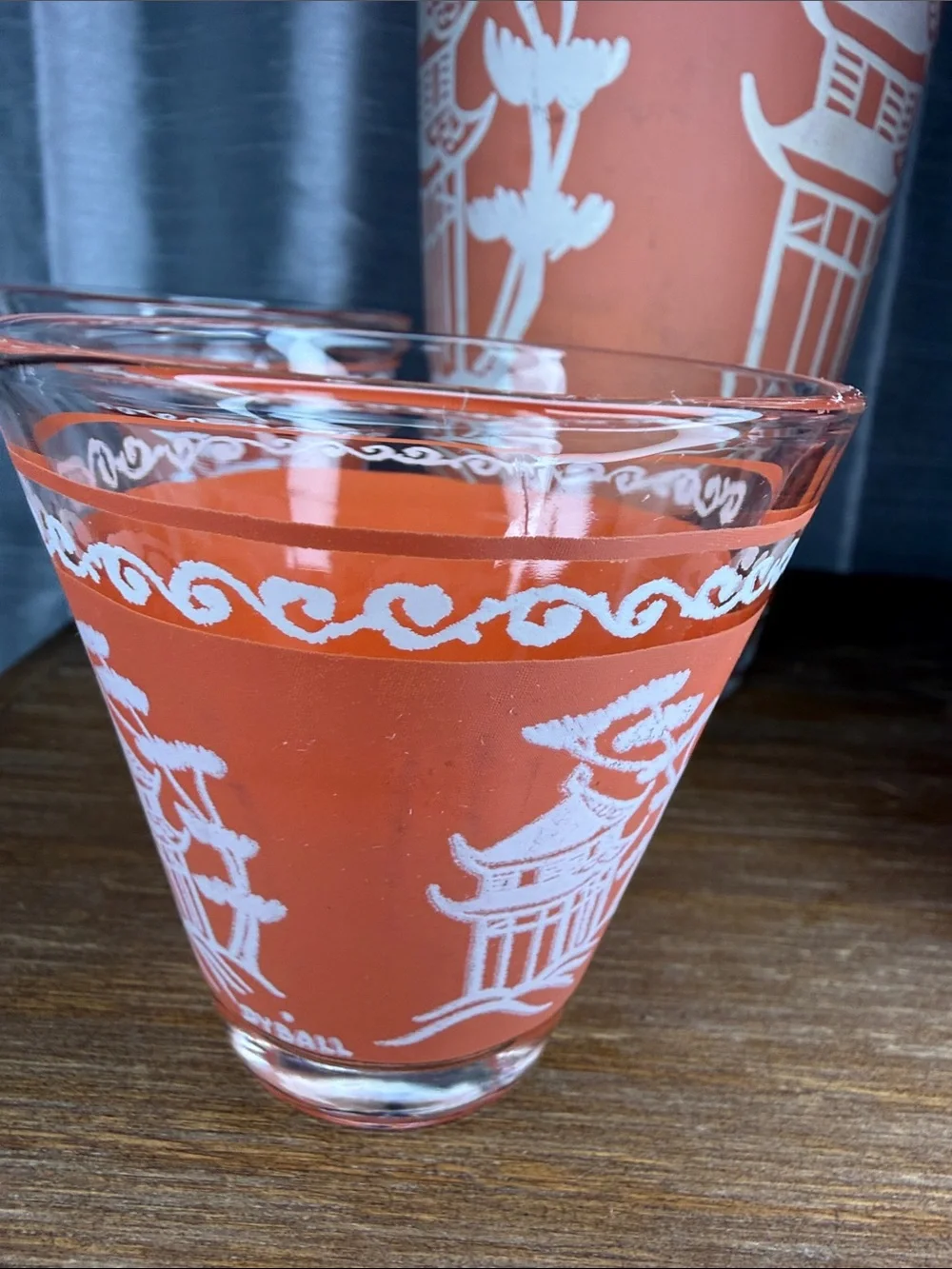 Vtg Dyball Coral Pagoda Glasses Matte Mid Century Modern Hazel Atlas 7pc Set